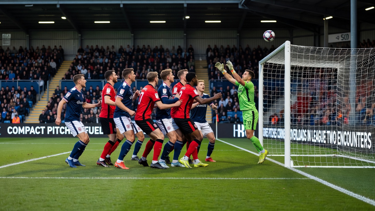 Close-up of players contesting a corner kick on a narrow League Two pitch with defenders tightly packed in the six-yard box