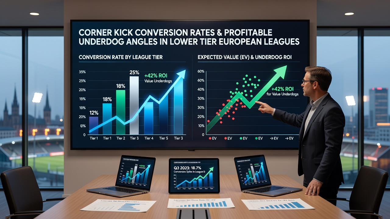 Visual representation of underdog corner kick success rates plotted against expected goal metrics in secondary European football divisions