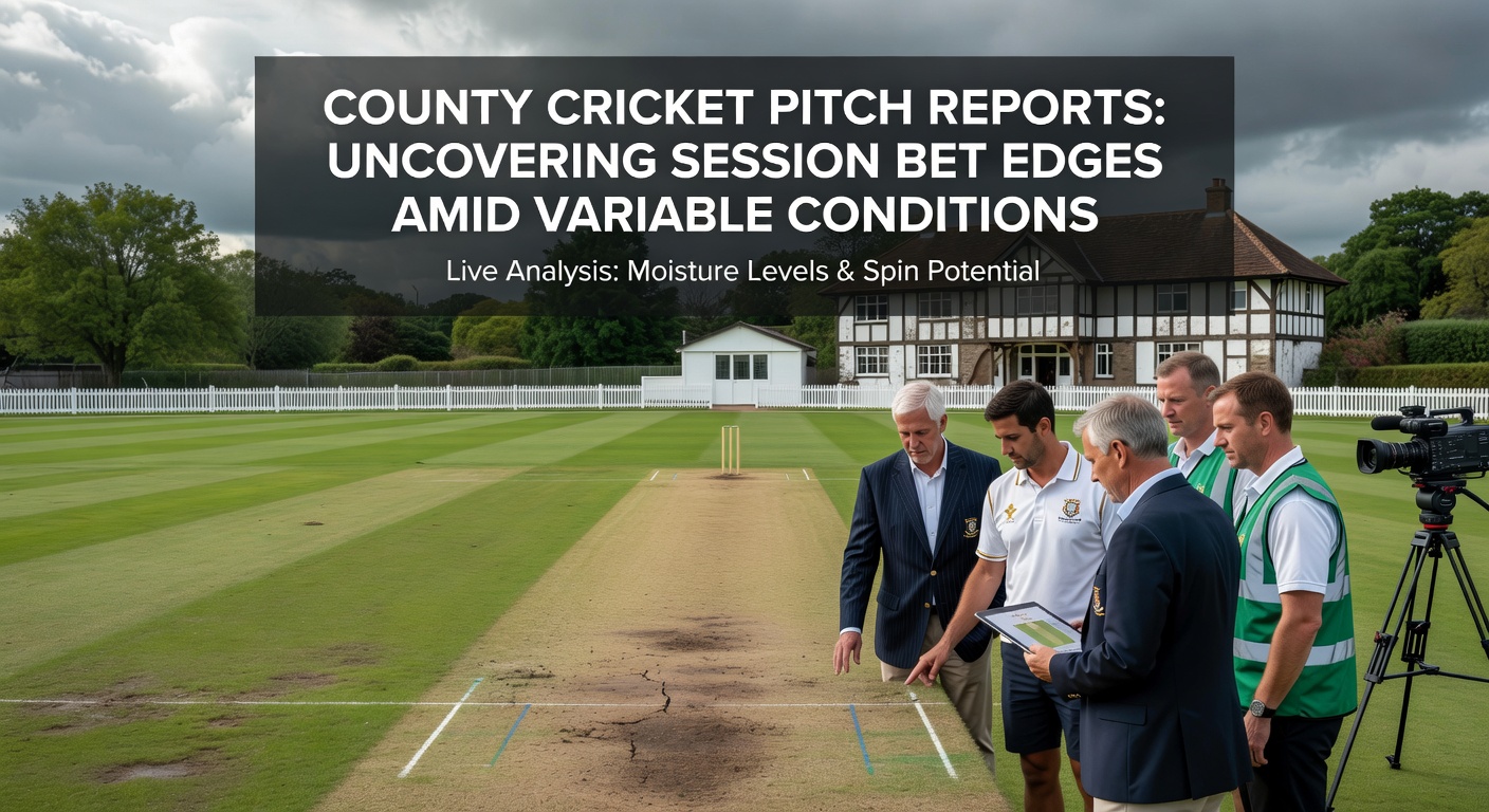 Close-up of cricket pitch surface showing cracks and grass distribution during afternoon session