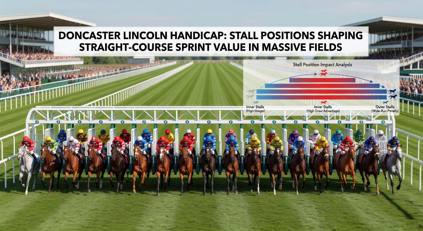 Close-up of stall gate opening at Doncaster Lincoln, with low-drawn horse gaining early advantage in a packed field