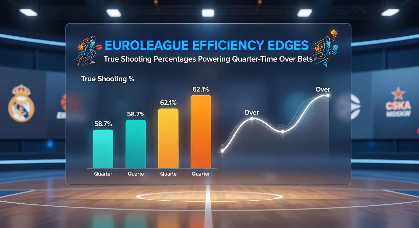 Chart displaying TS% trends versus first-quarter points in recent Euroleague seasons, highlighting over bet success rates