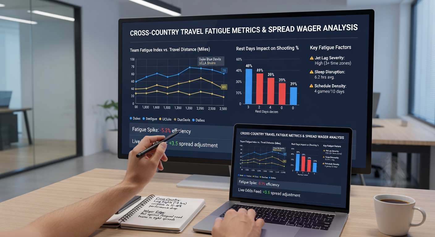 Spread wager adjustments based on college basketball travel fatigue data visualization