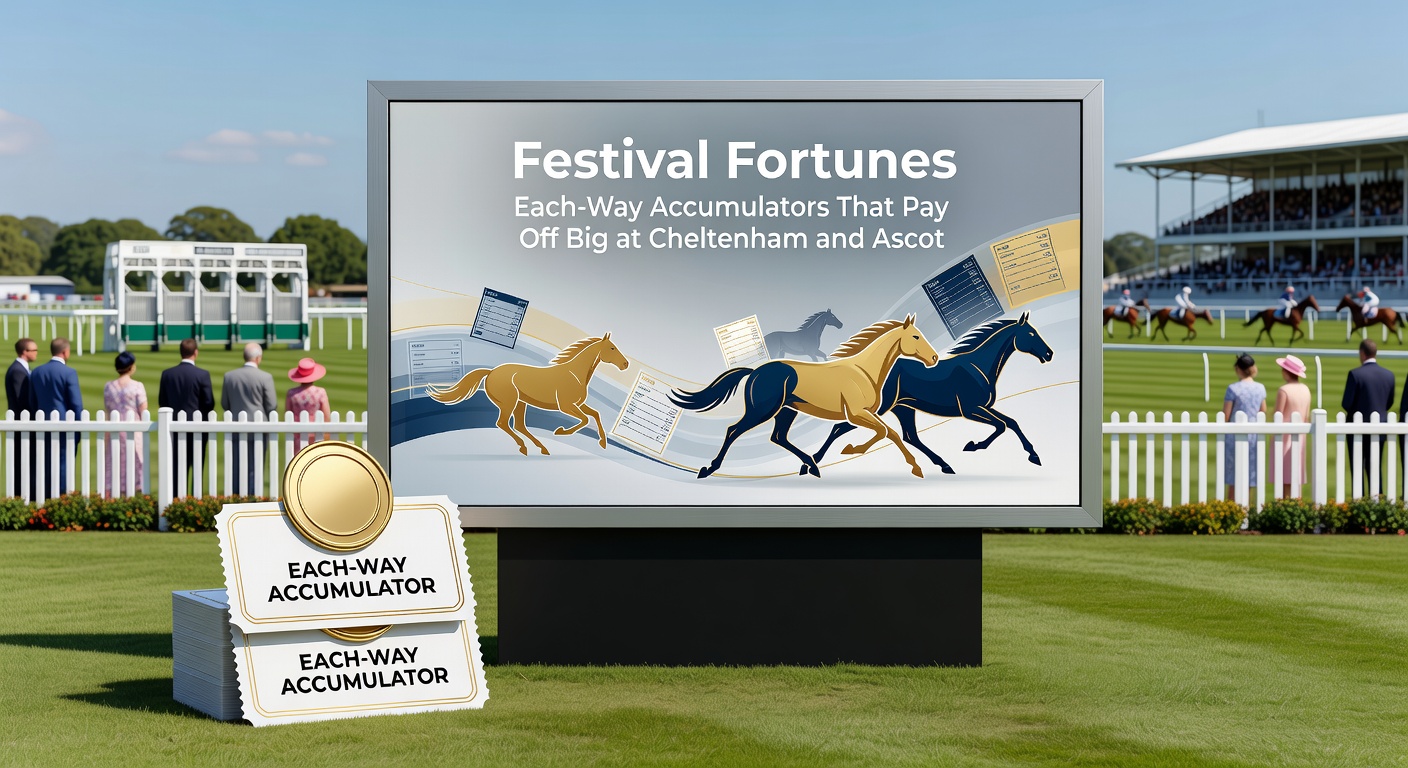 Royal Ascot's grandstands buzzing with elegant crowds, horses charging past the post in a classic, highlighting the flat racing precision that fuels lucrative each-way accumulator successes