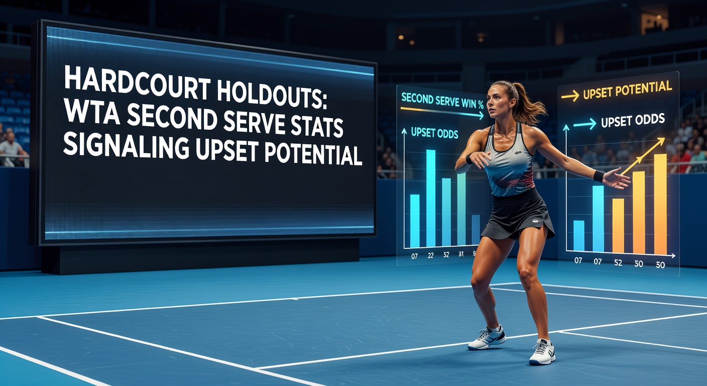Close-up of a WTA player tossing the ball for a crucial second serve on a vibrant hardcourt under stadium lights