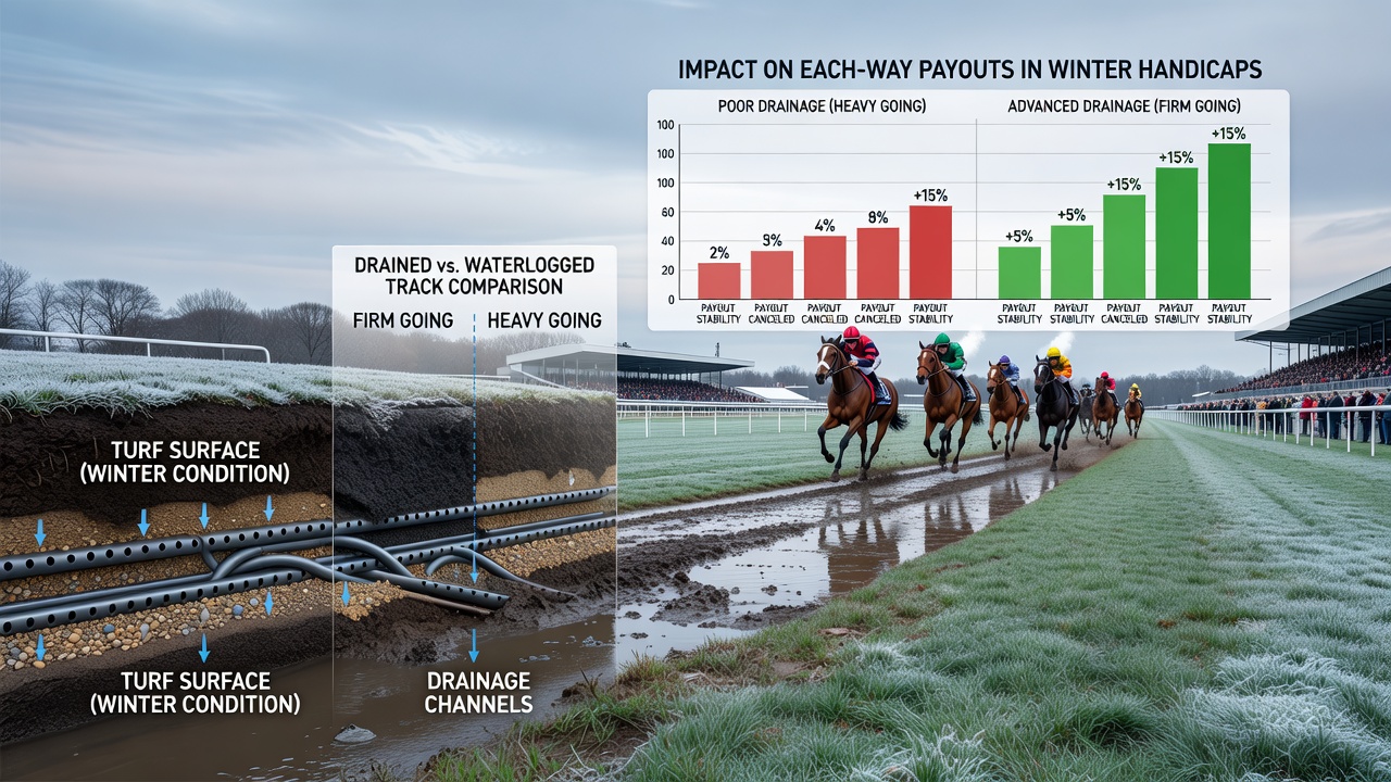 Winter flat handicap runners navigating a well-drained northern track surface with visible sand grooves