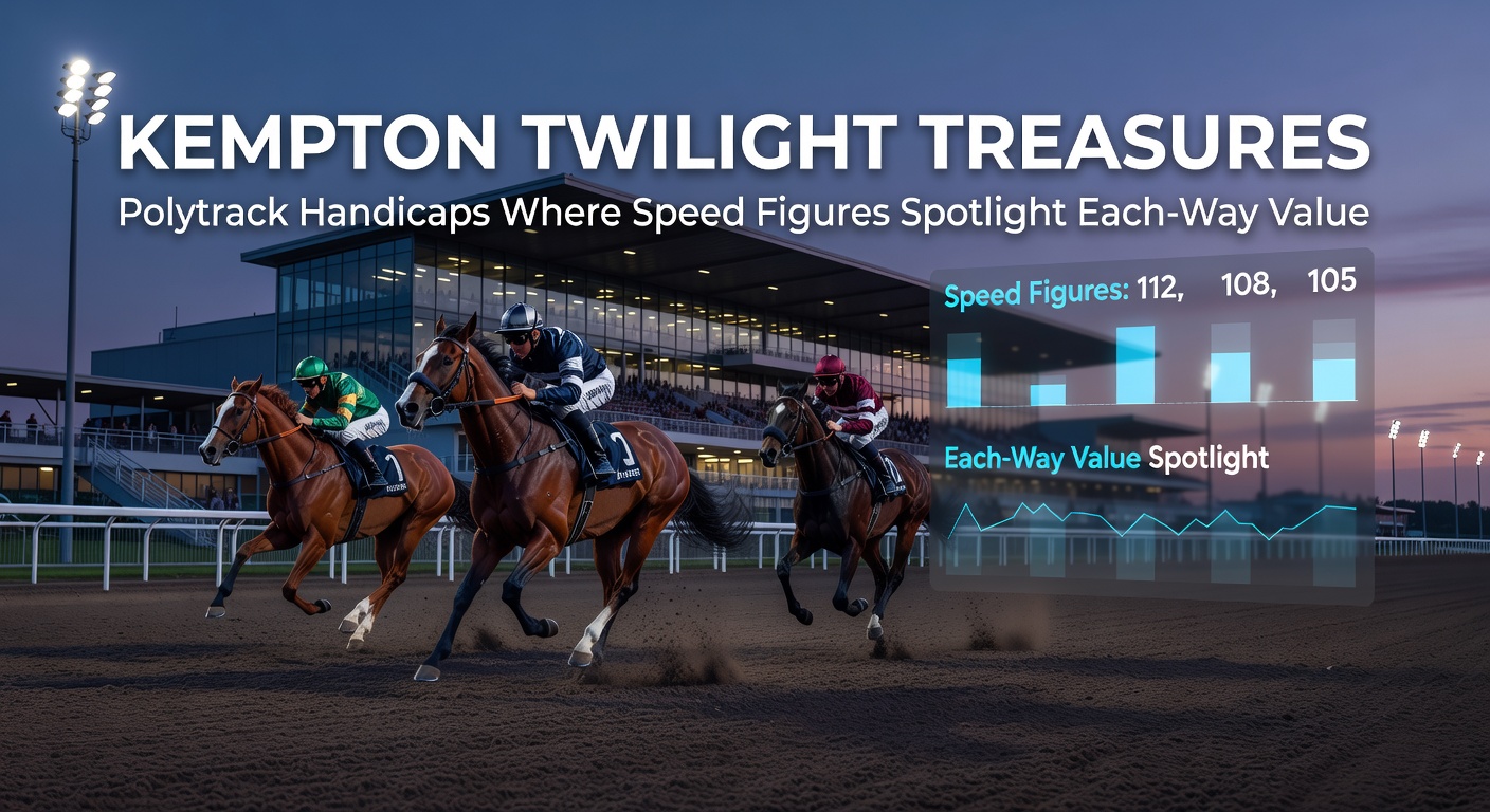Close-up of horses battling in a Kempton Polytrack handicap, emphasizing speed figures in action during twilight