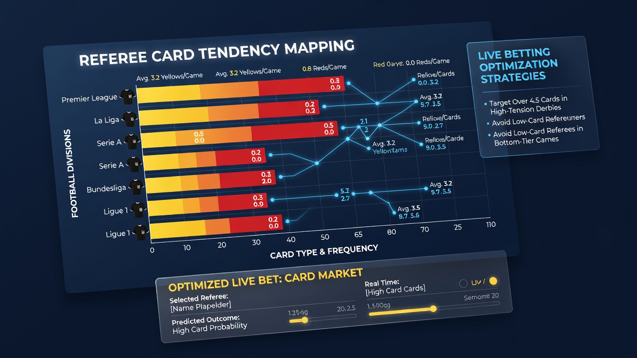 Data visualization dashboard displaying referee card statistics across multiple football leagues with interactive filters