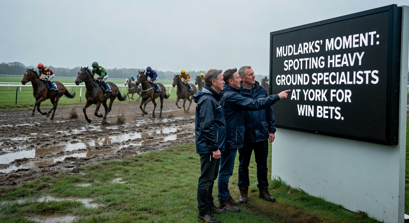 Jockey urging a heavy-ground specialist across the York finish line amid puddles and cloying turf