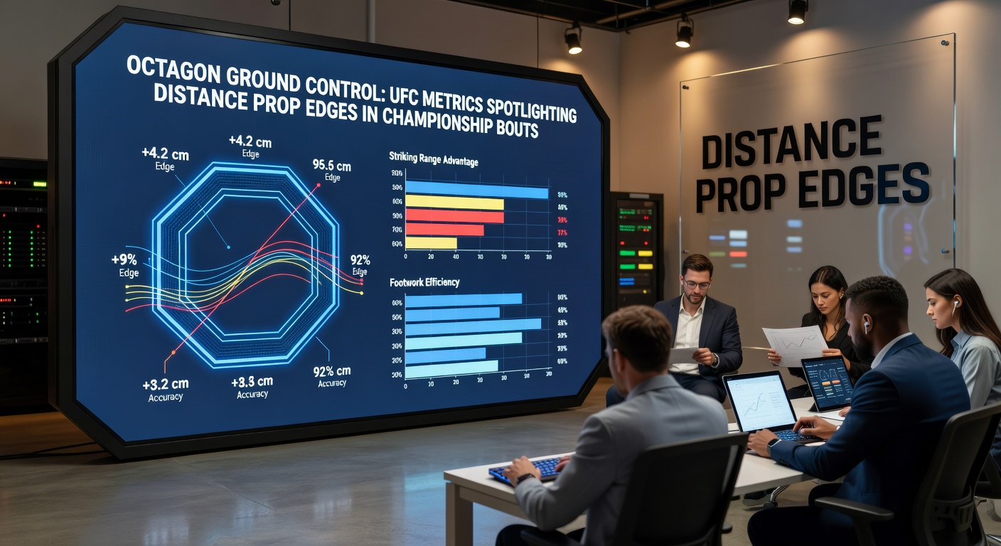 Close-up of a UFC title fight grappler securing top control, with overlaid metrics displaying control time and takedown stats