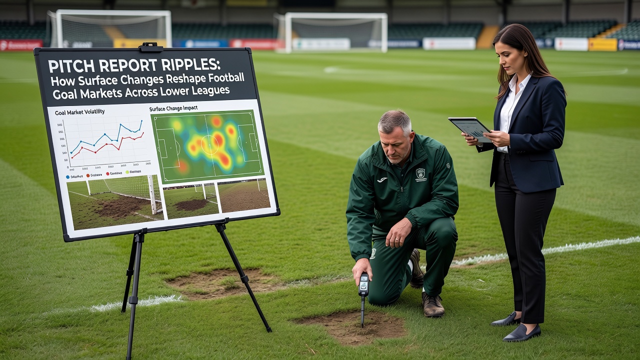 Close-up of football pitch surface showing grass length variations and drainage channels in lower league stadium