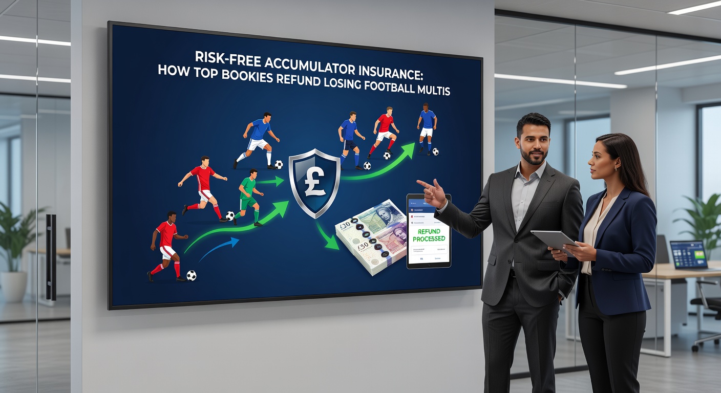Infographic comparing accumulator insurance terms across top bookies, with icons for legs required, max refund, and qualifying odds