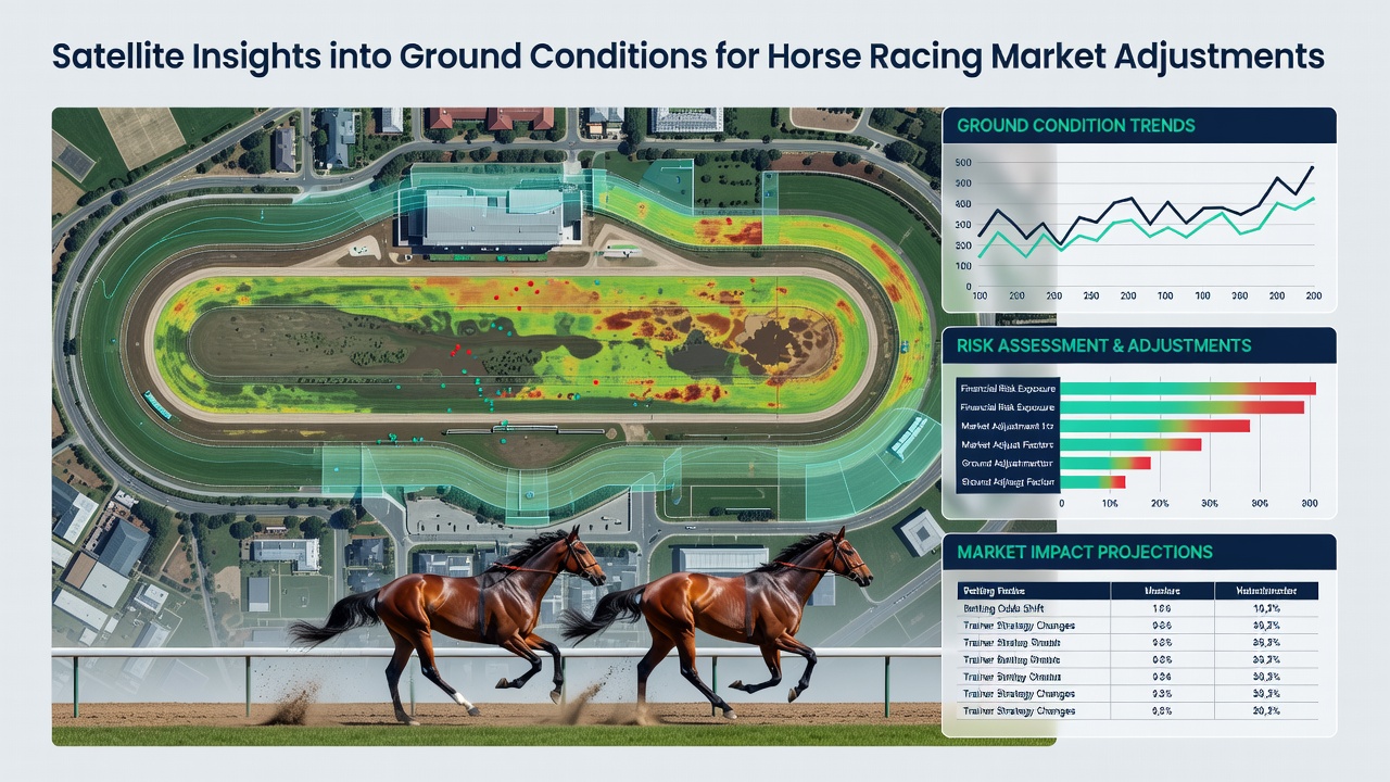 Detailed satellite analysis overlay on a racecourse highlighting drainage variations and turf health indicators