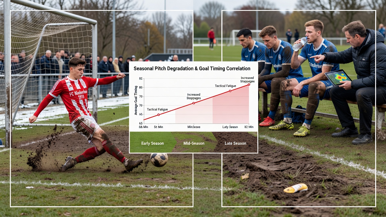 Close-up of a lower-tier soccer pitch in March showing heavy wear in the penalty area and goalmouth with visible divots and patchy grass