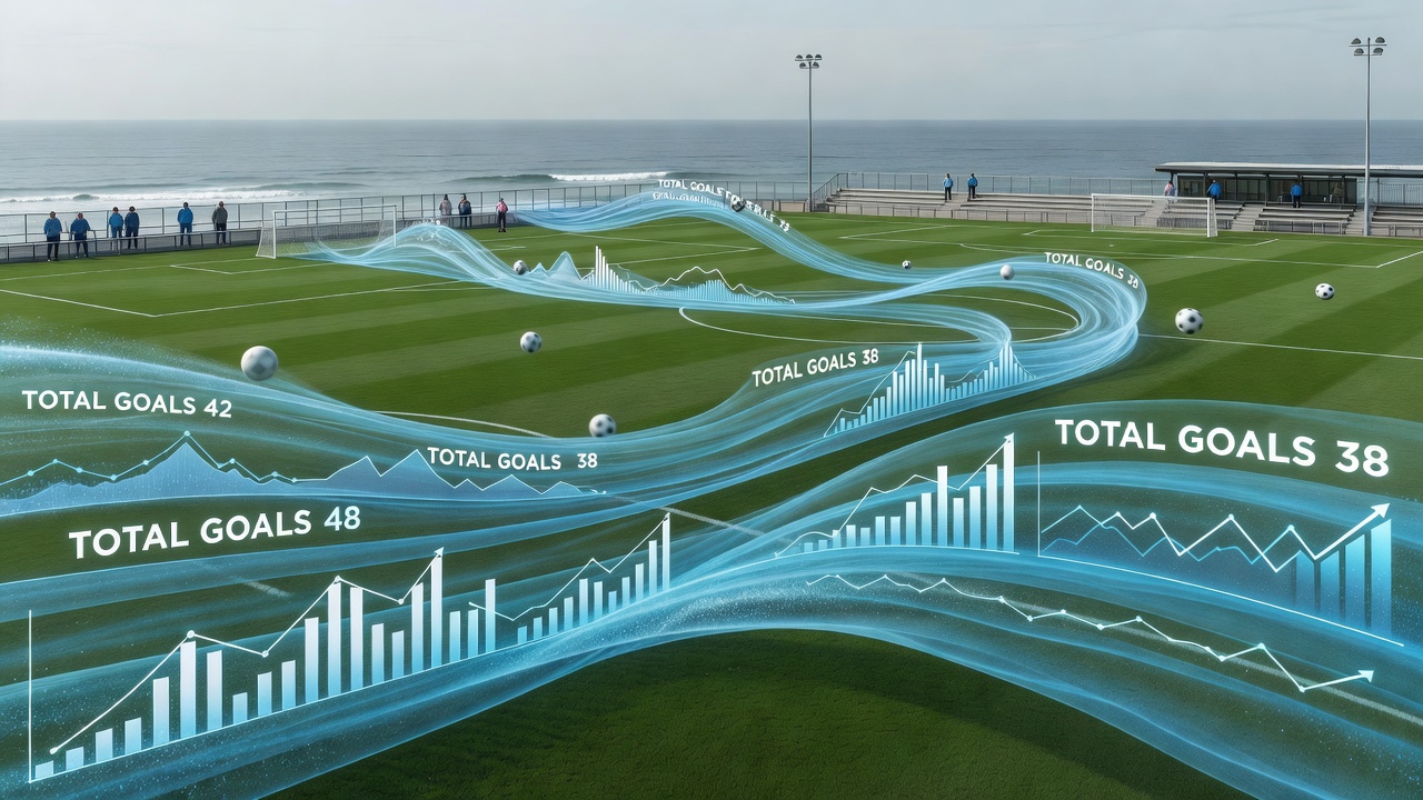 Wind-swept coastal pitch showing players adapting to gusty conditions in a league match