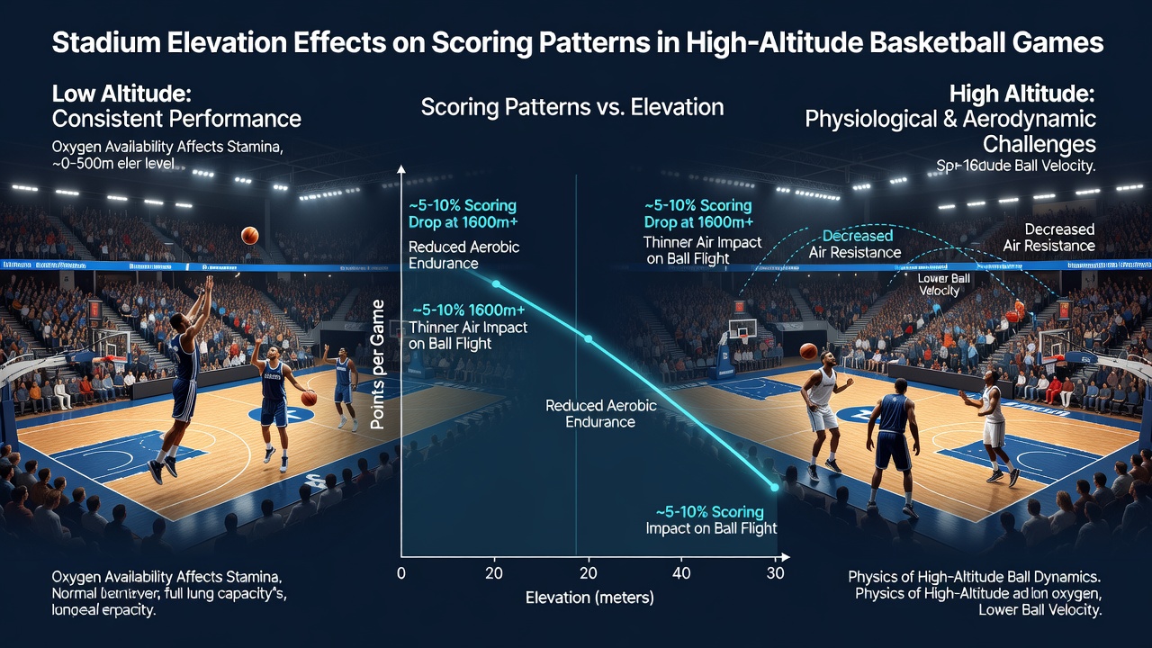Basketball players executing a fast break in a high-elevation venue with visible court markings