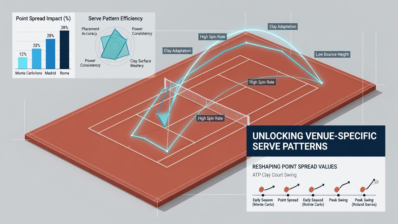 Close-up of clay court serve with ball mark and player positioning during ATP tournament
