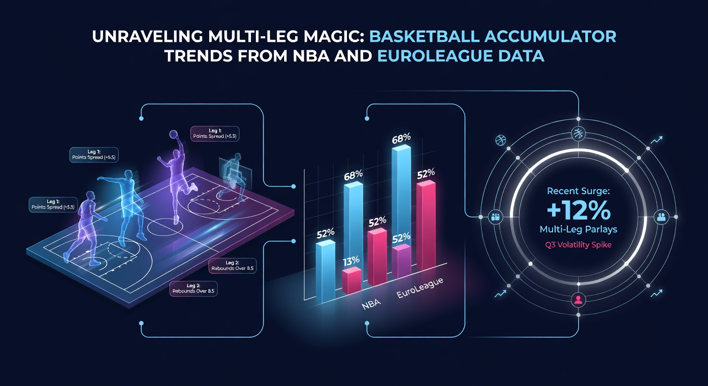 Infographic comparing NBA and EuroLeague parlay success rates, with bars for different leg counts and league phases