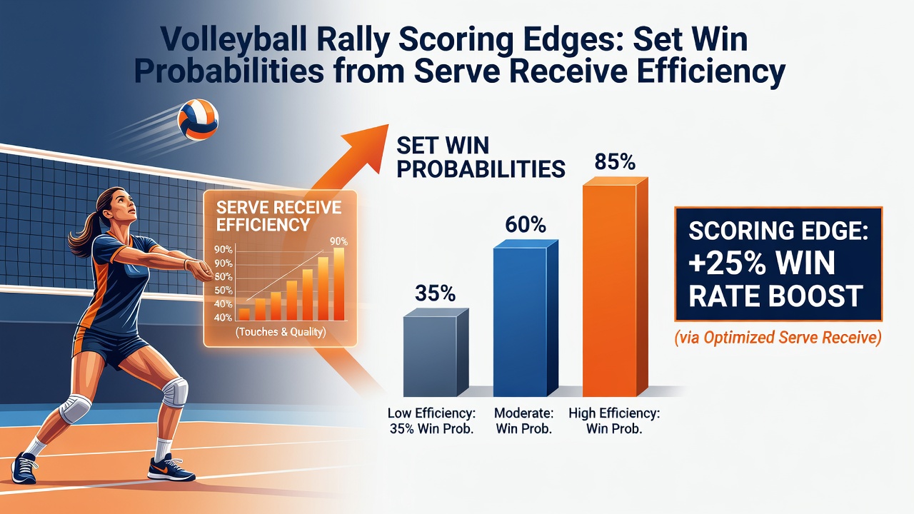 Detailed infographic showing volleyball serve receive efficiency percentages correlated with set win probabilities across multiple professional leagues