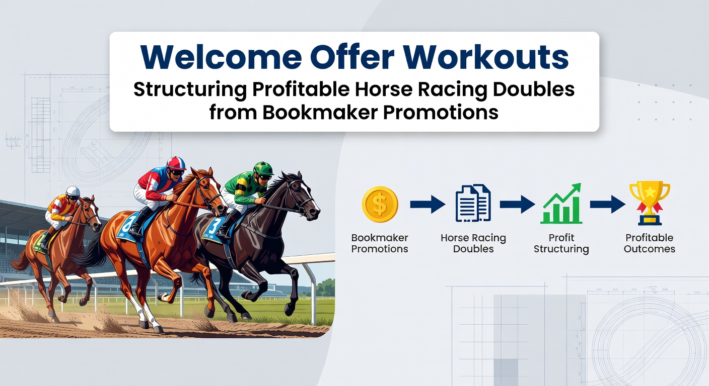 Close-up of a bet slip detailing a horse racing double with welcome offer terms highlighted, showing odds and potential returns from a bookmaker promotion